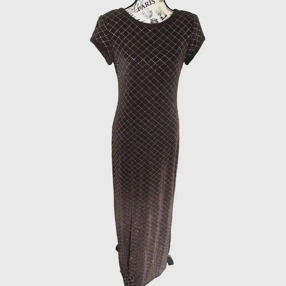 Vintage 90s Huey Waltzer Saks 5th Cap Sleeve Brown Maxi Shimmery Evening Dress 8